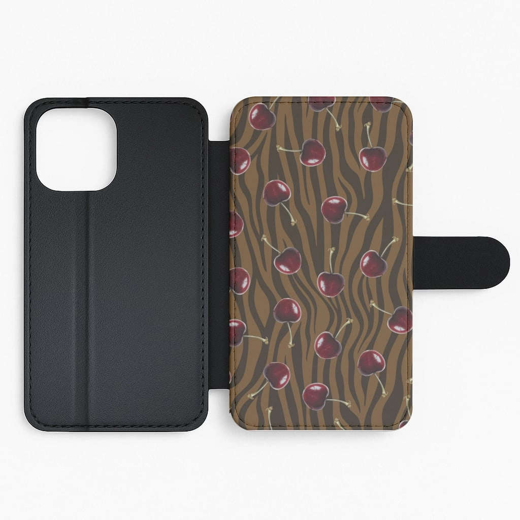Classic Design Animal Print With Cherries Pattern Flip / Wallet Phone Case