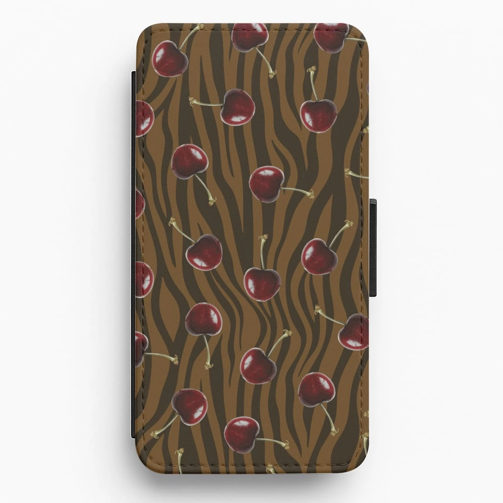 Luxury Texture Finish Creative Style Animal Print With Cherries Pattern Flip / Wallet Phone Case