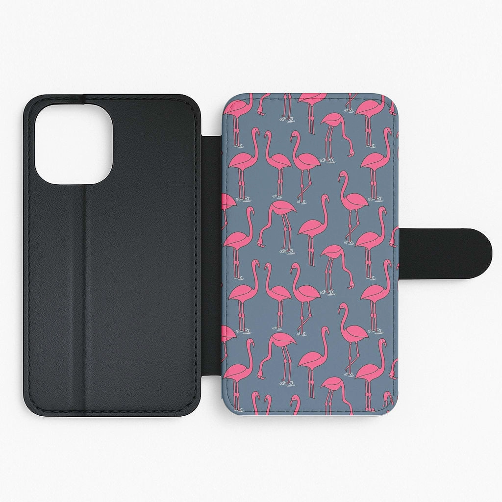 Soft coating Elegant Style Basic Pink Flamingo Pattern Flip Wallet Phone Case