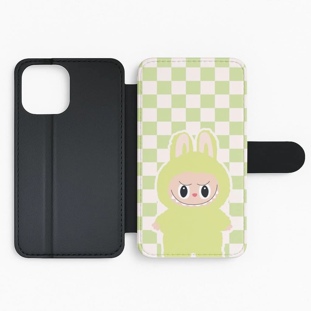 Durable Texture Checkered Cute Green Monster  Flip / Wallet Phone Case