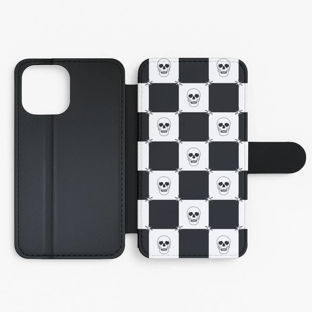 Durable Design Light Structure Checkered Skulls Pattern Flip / Wallet Phone Case