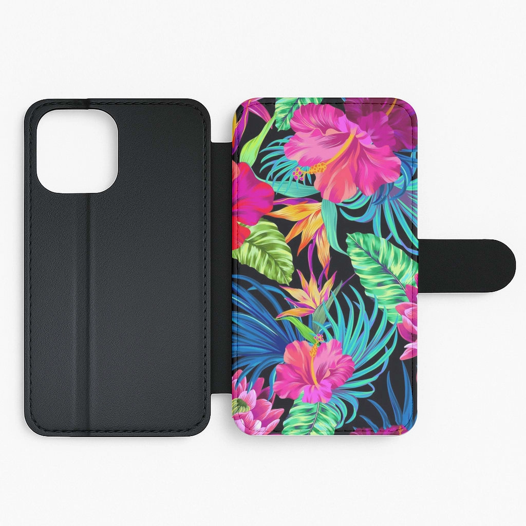 Colourful Hibiscus Pattern Flip Wallet Phone Case Rugged Frame Design Strong Shell