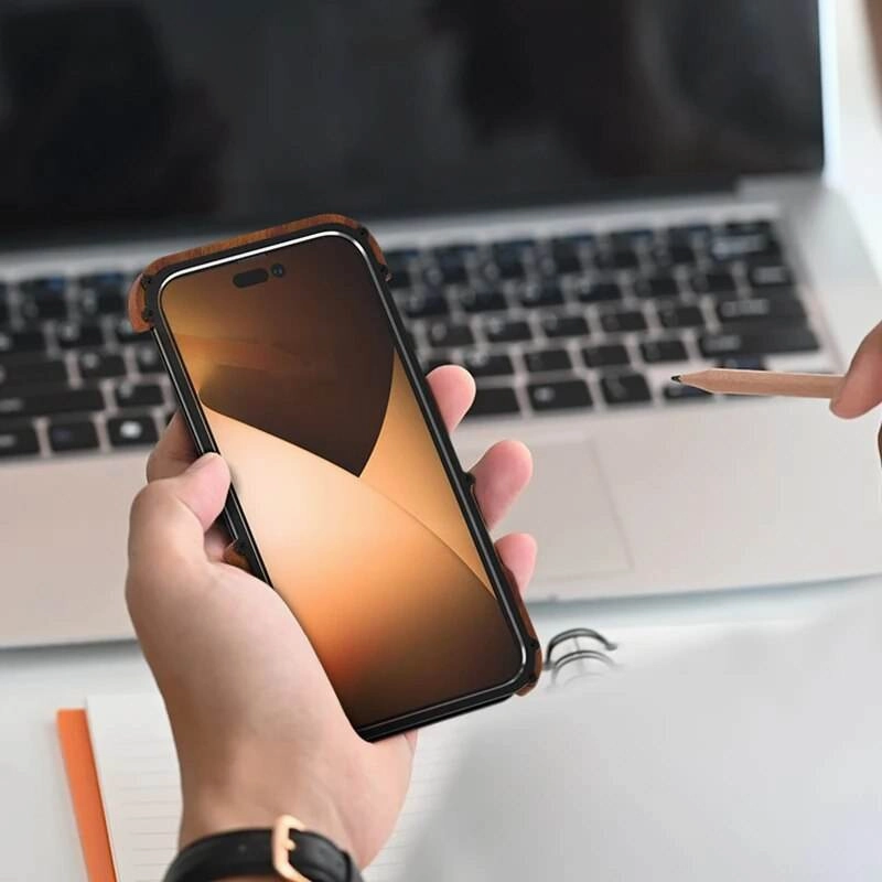 Ergonomic Feel Compact Fit iPhone 15 Series R-Just Aluminium Natural Wood Anti Shock Bumper Case