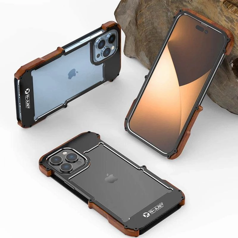 iPhone 15 Series R-Just Aluminium Natural Wood Anti Shock Bumper Case Non Slip Surface High Quality