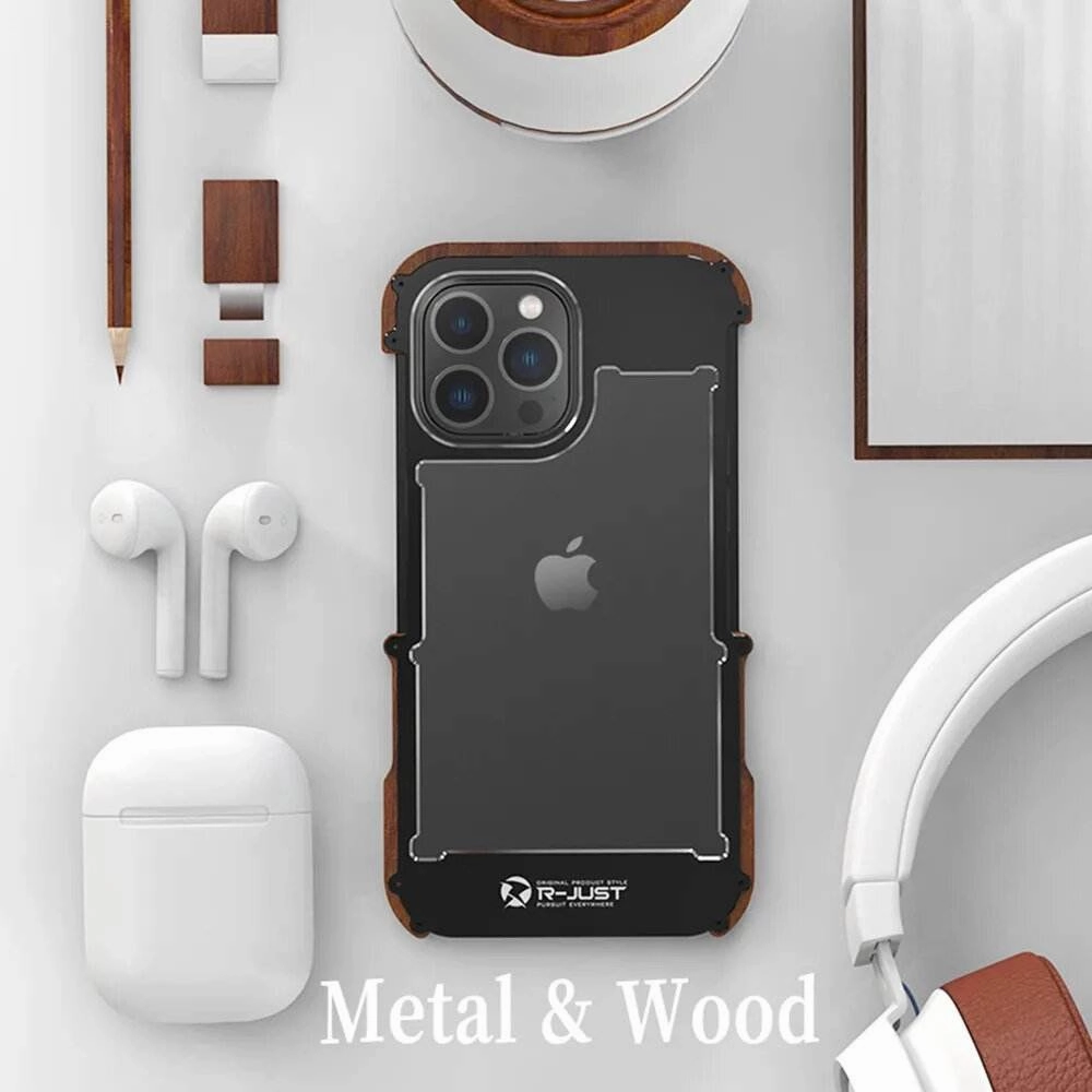 Smooth Texture iPhone 15 Series R-Just Aluminium Natural Wood Anti Shock Bumper Case