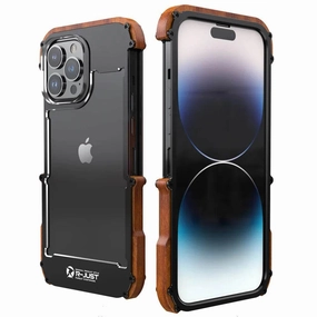 Raised Bezels iPhone 15 Series R-Just Aluminium Natural Wood Anti Shock Bumper Case