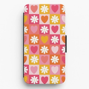 Refined Protection Checked Hearts And Flowers - Spring Patterns Flip / Wallet Phone Case