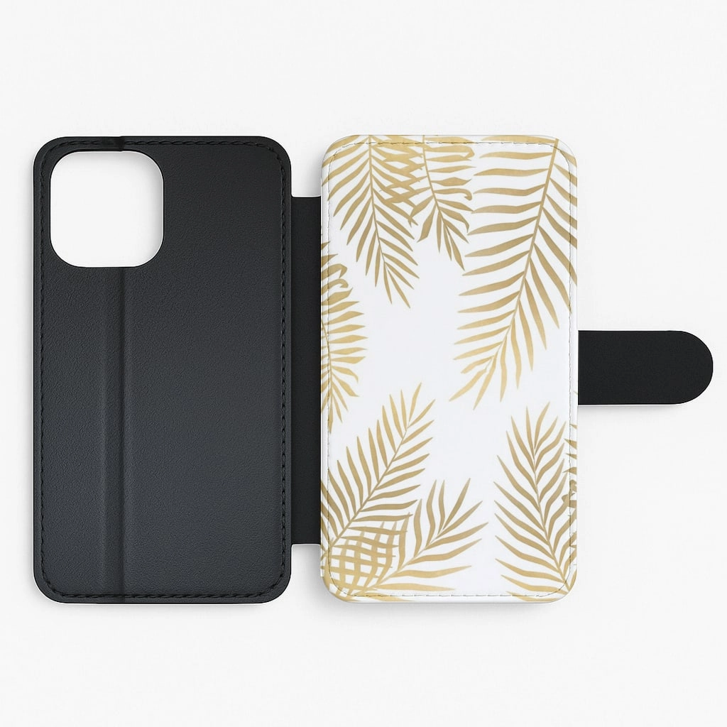 Minimal Texture Raised Edges Gold Palm Leaf Pattern Flip Wallet Phone Case