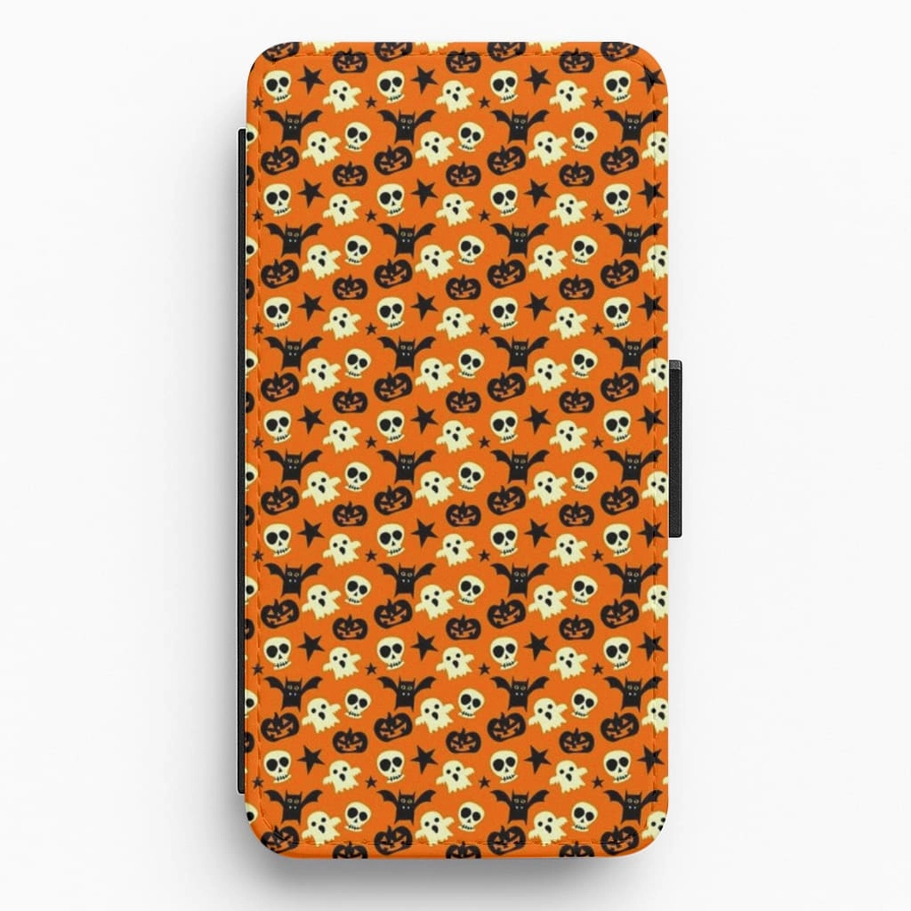Skeletons, Ghosts, Pumpkin & Bat Pattern Flip Wallet Phone Case clean design Urban Design