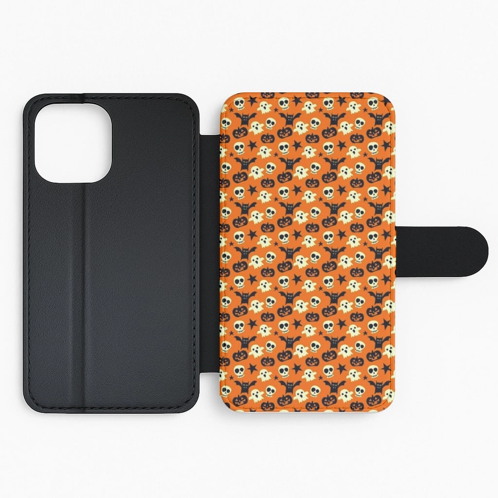 Skeletons, Ghosts, Pumpkin & Bat Pattern Flip Wallet Phone Case anti fingerprint