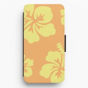 Pocket Friendly Gloss Finish Orange And Yellow Hawaiian Flowers Pattern Flip / Wallet Phone Case