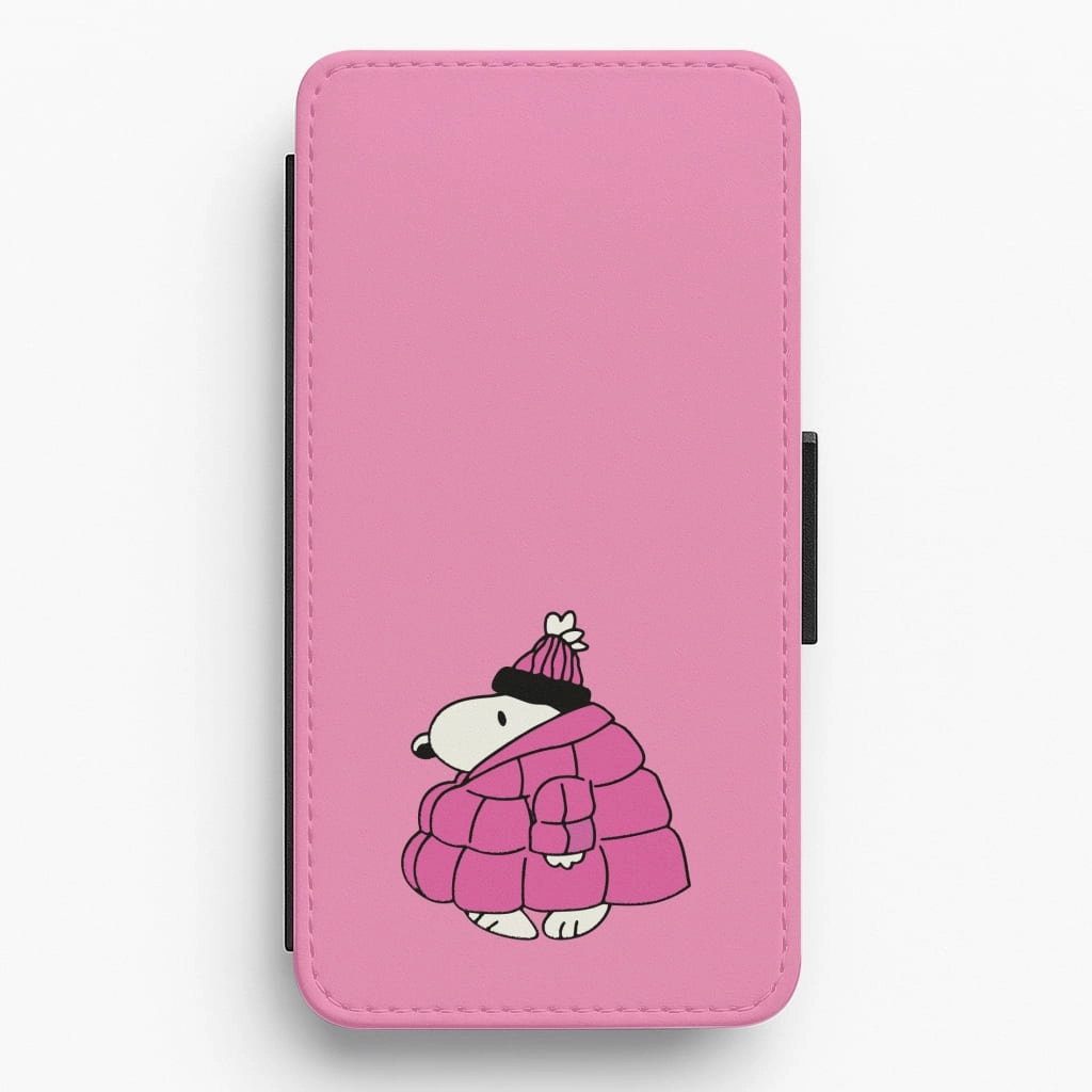 Fashion Accent Shockproof Edge Cartoon Beagle Puffer Jacket Pink Flip / Wallet Phone Case