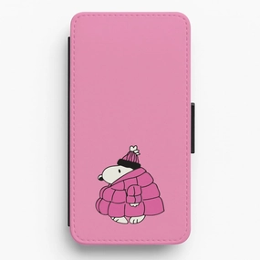 Fashion Accent Shockproof Edge Cartoon Beagle Puffer Jacket Pink Flip / Wallet Phone Case