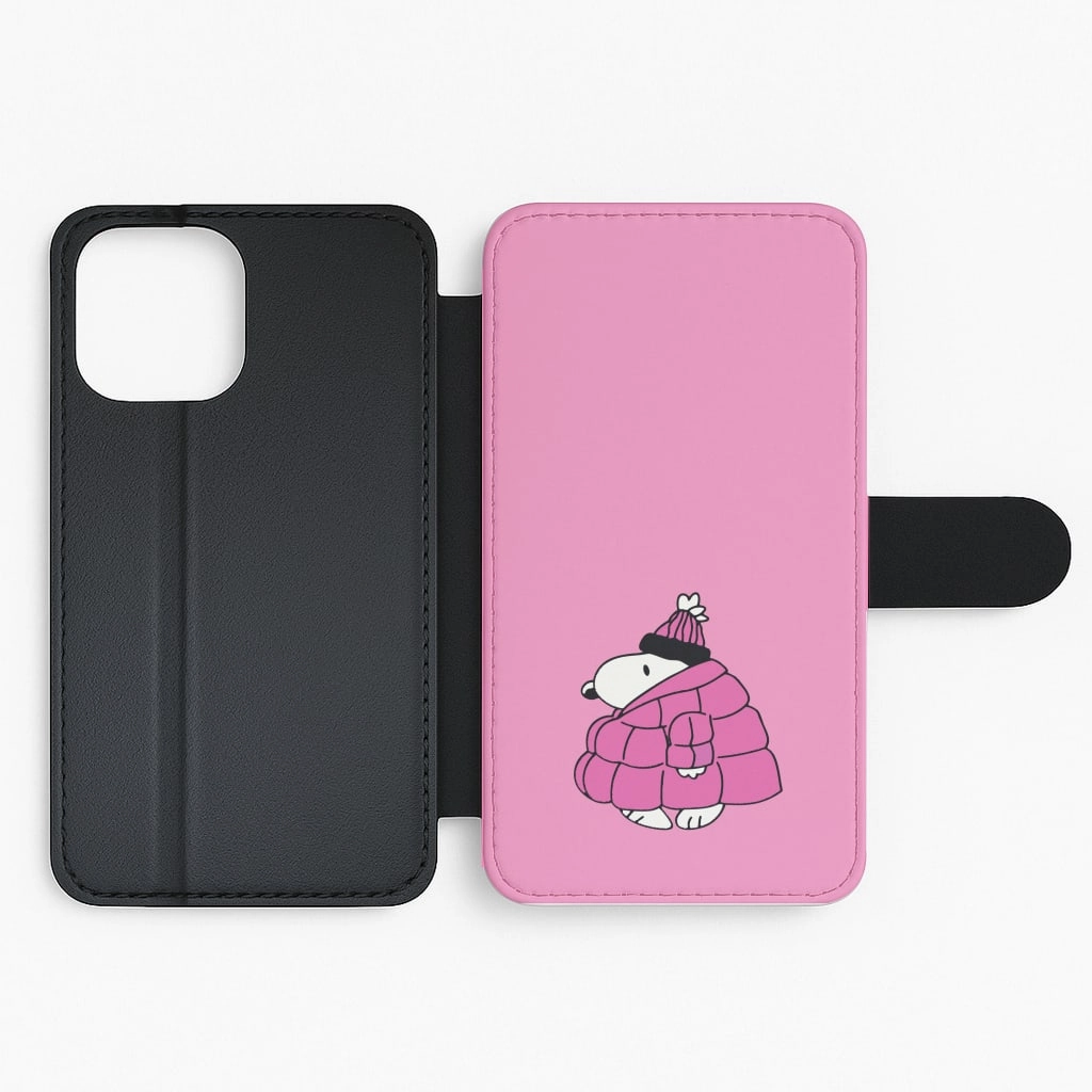 Cartoon Beagle Puffer Jacket Pink Flip / Wallet Phone Case Minimal Design Soft coating