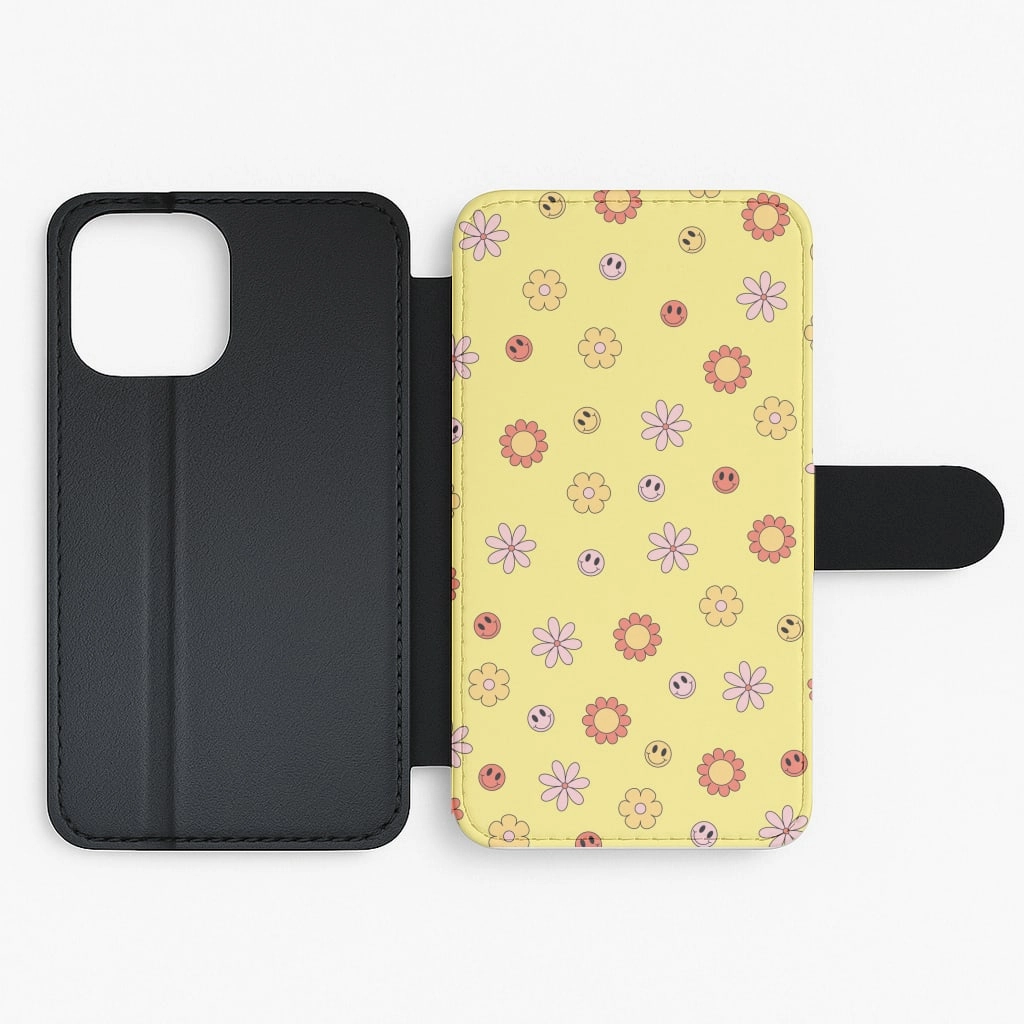 Premium Surface Texture Retro Flowers And Smileys Pattern Flip / Wallet Phone Case
