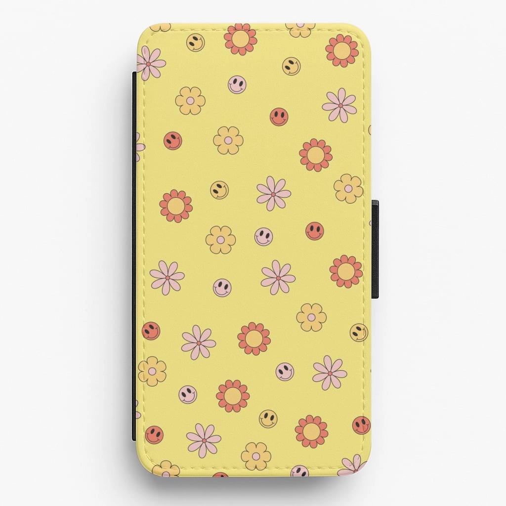 Retro Flowers And Smileys Pattern Flip / Wallet Phone Case Casual Texture Smooth Form