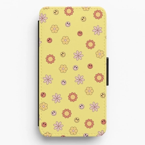 Retro Flowers And Smileys Pattern Flip / Wallet Phone Case Casual Texture Smooth Form