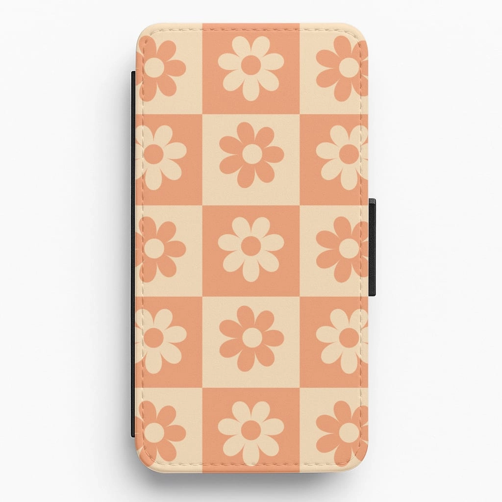 Matte Build Luxury Finish Checkered Flowers Orange Flip / Wallet Phone Case