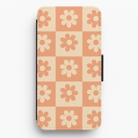 Matte Build Luxury Finish Checkered Flowers Orange Flip / Wallet Phone Case