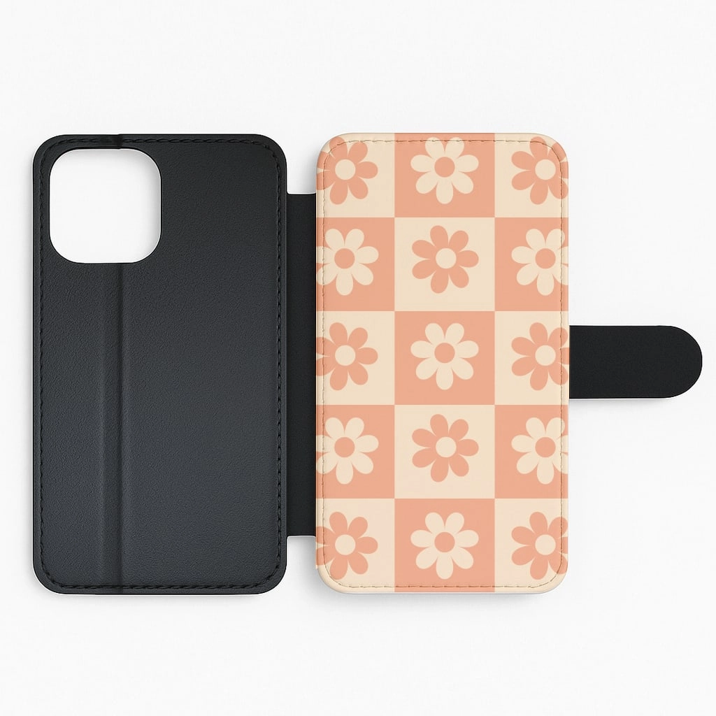 Frosted surface Checkered Flowers Orange Flip / Wallet Phone Case
