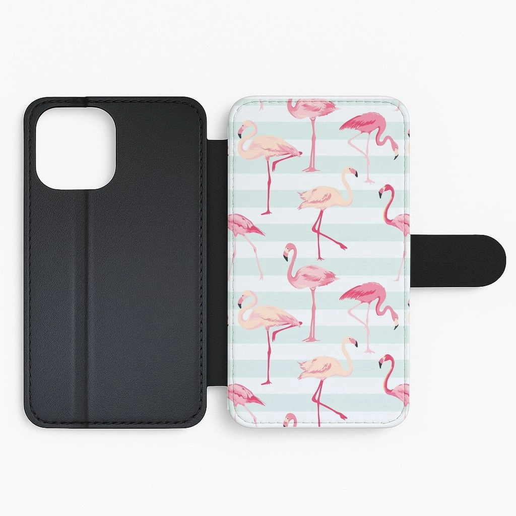 Striped Retro Flamingo Pattern Flip / Wallet Phone Case Artistic Design