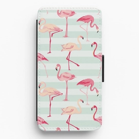 Premium Material Striped Retro Flamingo Pattern Flip / Wallet Phone Case