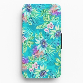 Blue Floral Pattern Flip / Wallet Phone Case Durable Look