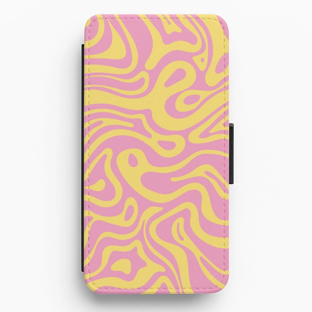 Luxury Finish Texture Pocket Friendly Yellow And Pink Waves Pattern Flip / Wallet Phone Case